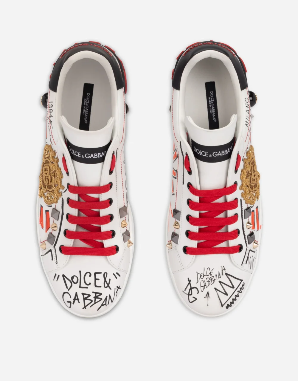 D&G Calfskin Portofino Sneakers With Embroidery And Studs - Image 4